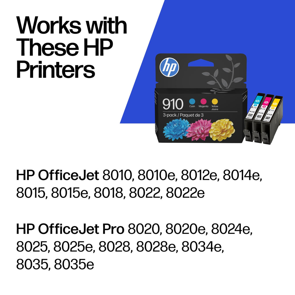 HP 910 Cyan, Magenta, Yellow Ink Cartridges (3-Pack) | Works with OfficeJet 8010, 8020 Series, OfficeJet Pro 8020, 8030 Series | Eligible for Instant Ink | 3YN97AN