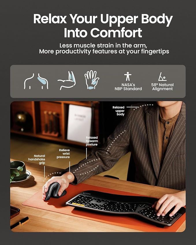 ProtoArc Ergonomic Vertical Mouse, EM11 NL Rechargeable Wireless Mouse Bluetooth, Ergo Mice with 3 Multi-Device for PC/Notebook/Laptop, 2.4GHz Optical Mice for Windows, Mac OS, Gray