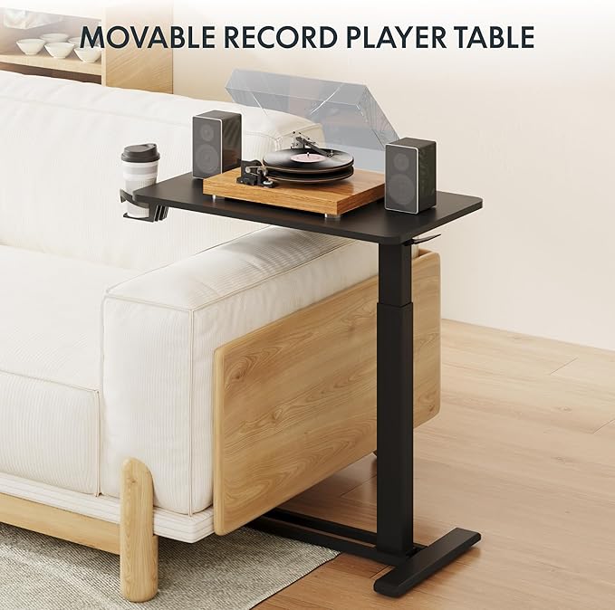 FLEXISPOT H7 Adjustable Overbed Bedside Table with Wheels Pneumatic Mobile Standing Desk Laptop Desk Rolling Computer Cart Movable Overbed Tables Hospital Home Use(27.6" W x 15.7" D, Black Table)