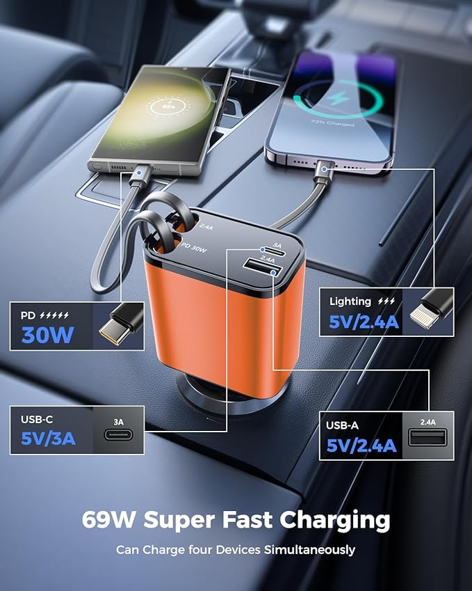 [2024 Upgraded] 4 in 1 Retractable Car Charger, SUPERONE Smaller Fast Car Phone Charger 69W with Cord, USB C and iPhone Car Charger Adapter, Compatible iPhone 15/15 Pro Max/14/13/12/11, Sumsung