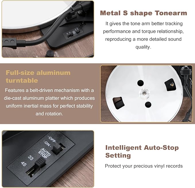 LP&No.1 Vinyl Record Player with Built-in Speakers, Vinyl Turntable with Magnetic Cartridge, Wireless,USB Recording and Playback,BT Out, Aux-in, Headphone Output,Auto Off, AT-3600L, 2-Speed Player
