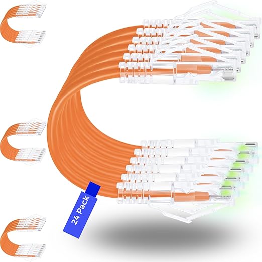 Rapink Slim Cat6/ Cat6a 2ft (24 Pack) Ethernet Patch Cable - 10G Support, Snagless, Flexible Orange