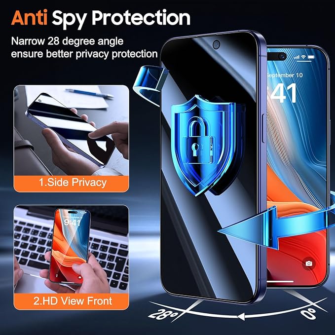 UniqueMe for iPhone 15 Plus / 16 Plus Privacy Screen Protector - [Military Grade Shatterproof & 9H+ Hardness] Tempered Glass Full Coverage Protection,Easy to install,2 Packs
