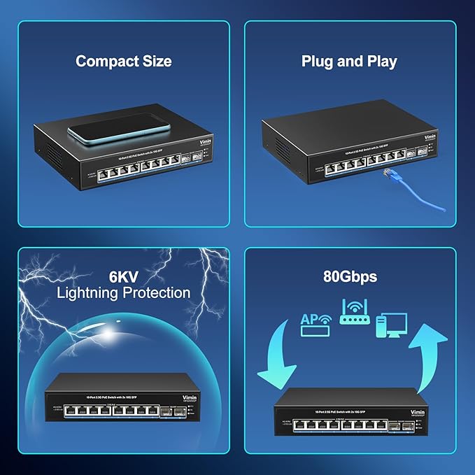 8 Port 2.5G PoE Switch Unmanaged, VIMIN 10x 2.5G Base-T PoE Switch, 2X 10G SFP PoE Switch IEEE802.3af/at, 80Gbps Ethernet Switching Capacity, 150W Switch for 2.5Gb NAS/PC, Metal Housing, Fanless