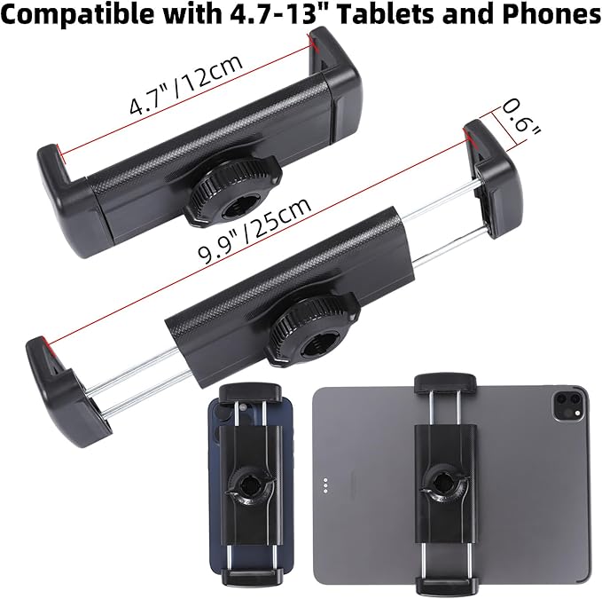 Tablet Holder for Microphone Stand/Treadmill/Spin Bike/Stroller/Golf Cart/Handlebar/Stationary Bike, Phone iPad Holder Mount for iPad Pro 12.9, Galaxy Tabs, iPhone(4.7-13”)