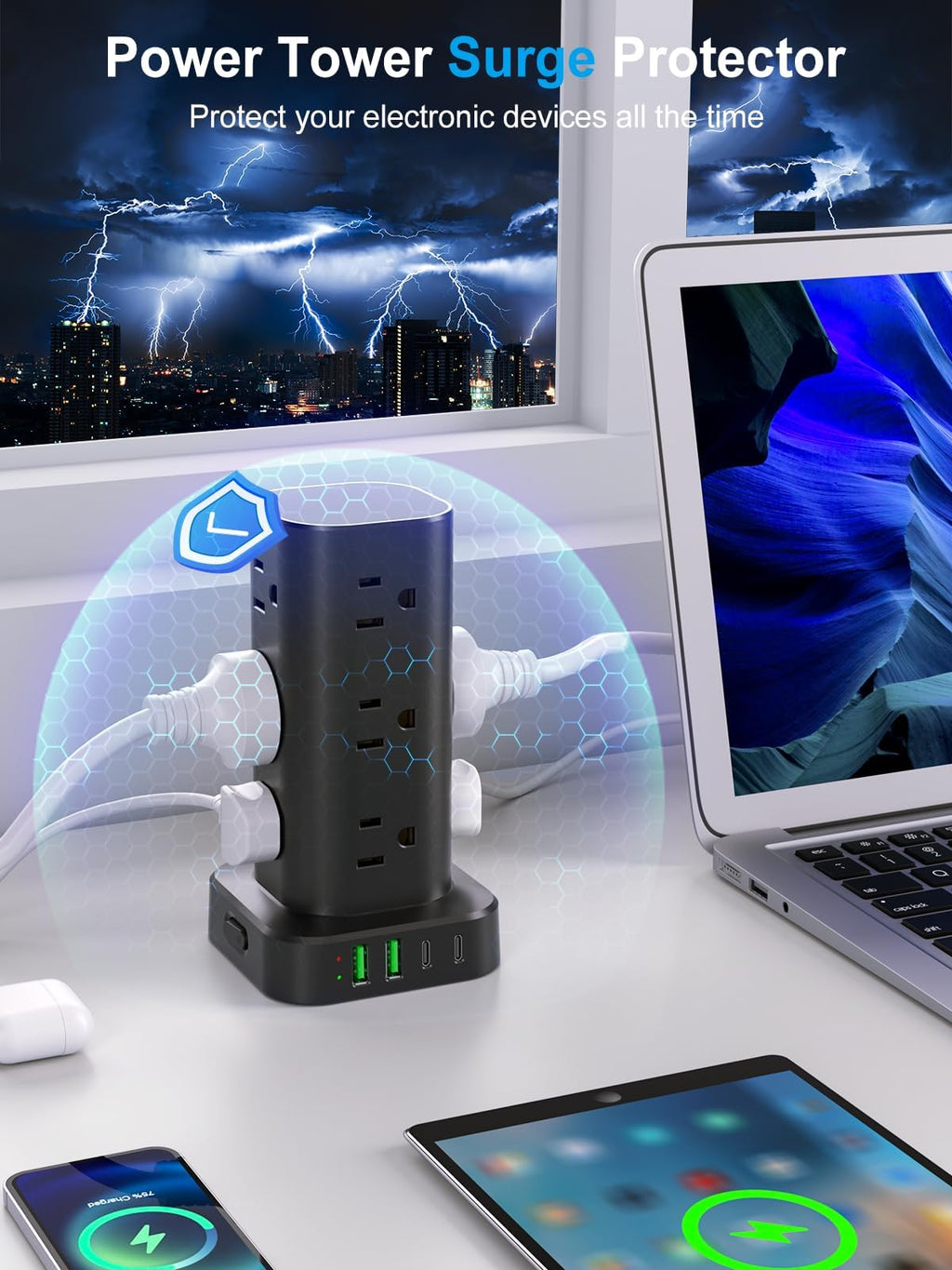 Power Strip Tower with Multiple Outlets, Flat Plug Surge Protector Tower Extension Cord with 12 AC Outlets 4 USB Ports (2 USB C), 15FT Cord Power Tower Surge Protector for Home Office Dorm Room, Black