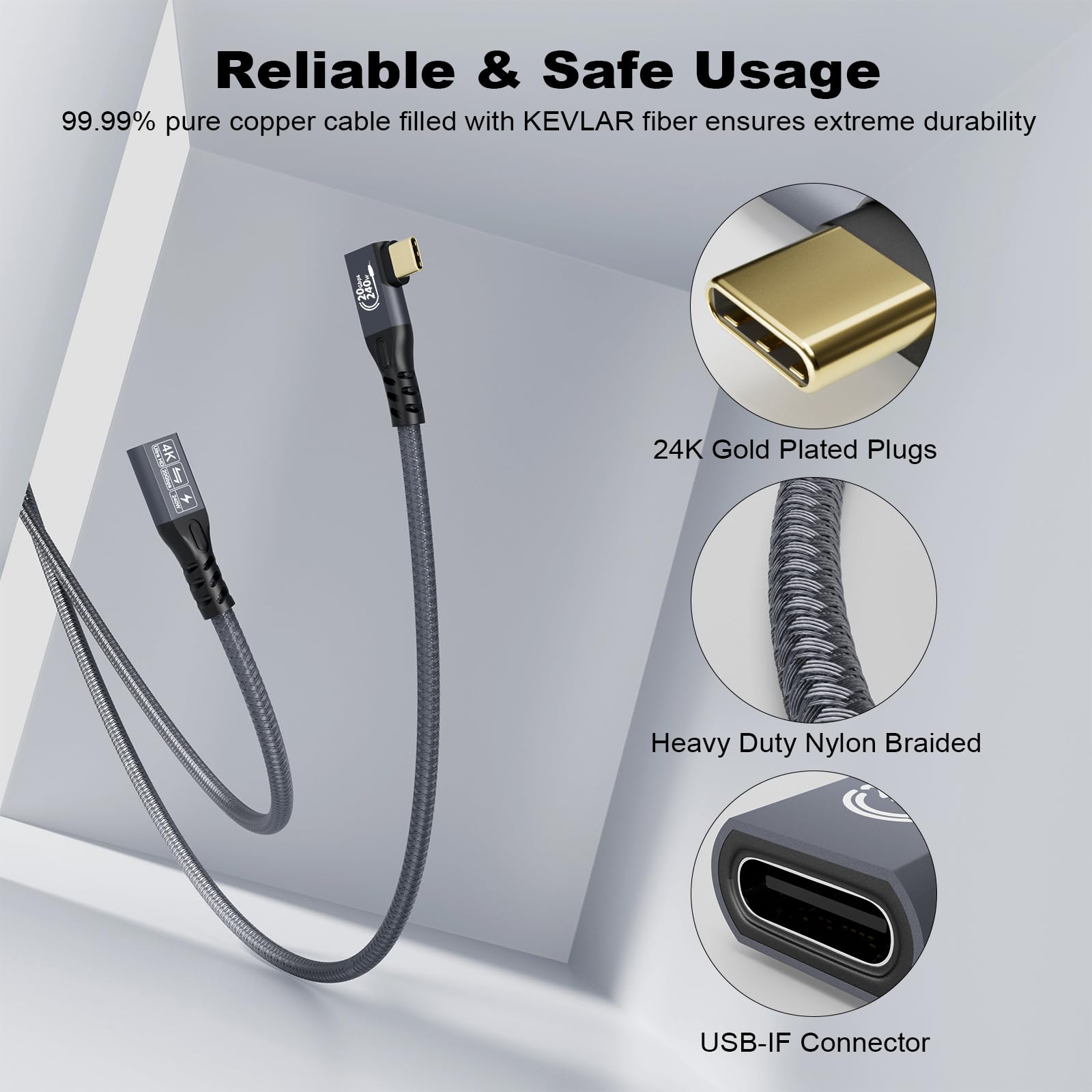 CABLEDECONN USB C 3.2 Gen-2 Extension 1M 3.3FT 90 Degree ElbowThunderbolt 3 240W Fast Charging Cable Male to Female Data Transfer 20Gbps 48V/5A 4K Video Cable Compatible with MacBook