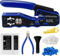 RJ45 Crimp Tool for Cat6 Cat5e Cat5 Pass Through Connectors,All-in-one EZ Crimping Tool Full Set with Cat6 Connectors and Boots, Cable Ties, Cable Tester, Cable Scissors and Stripper