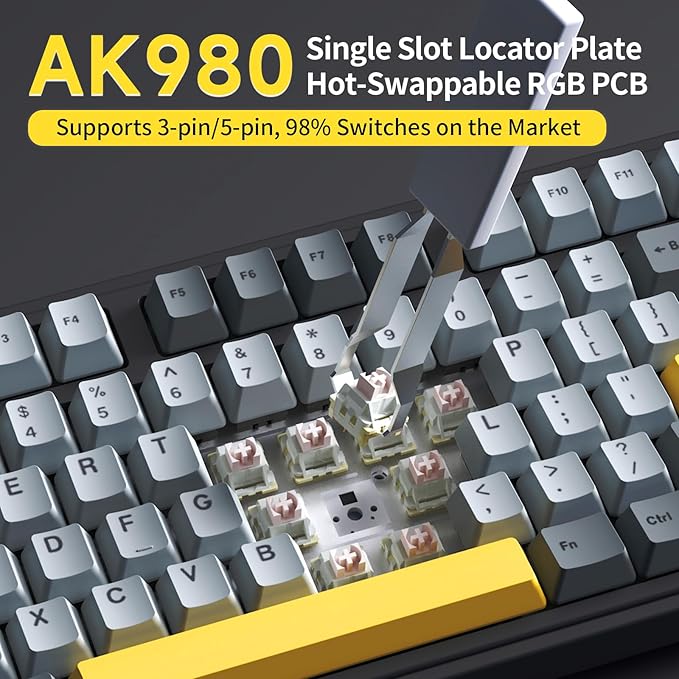 NACODEX Ajazz AK980 Grey Yellow Wireless Mechanical Gaming Keyboard,Tri-Mode BT5.0/2.4GHz/USB-C Hot Swappable Custom Keyboard RGB Backlit Computer Gaming Keyboards for PC/Tablet/PS/Xbox