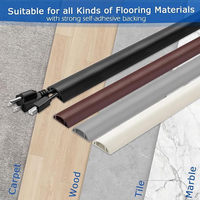 6ft Floor Cord Cover,Cord Hider Floor Black,Extension Cable Cover Power Cord Protector Floor,Floor Cable Management Prevent Cable Trips,Cord Protector Cord Cavity:0.47" (W) x 0.24" (H)
