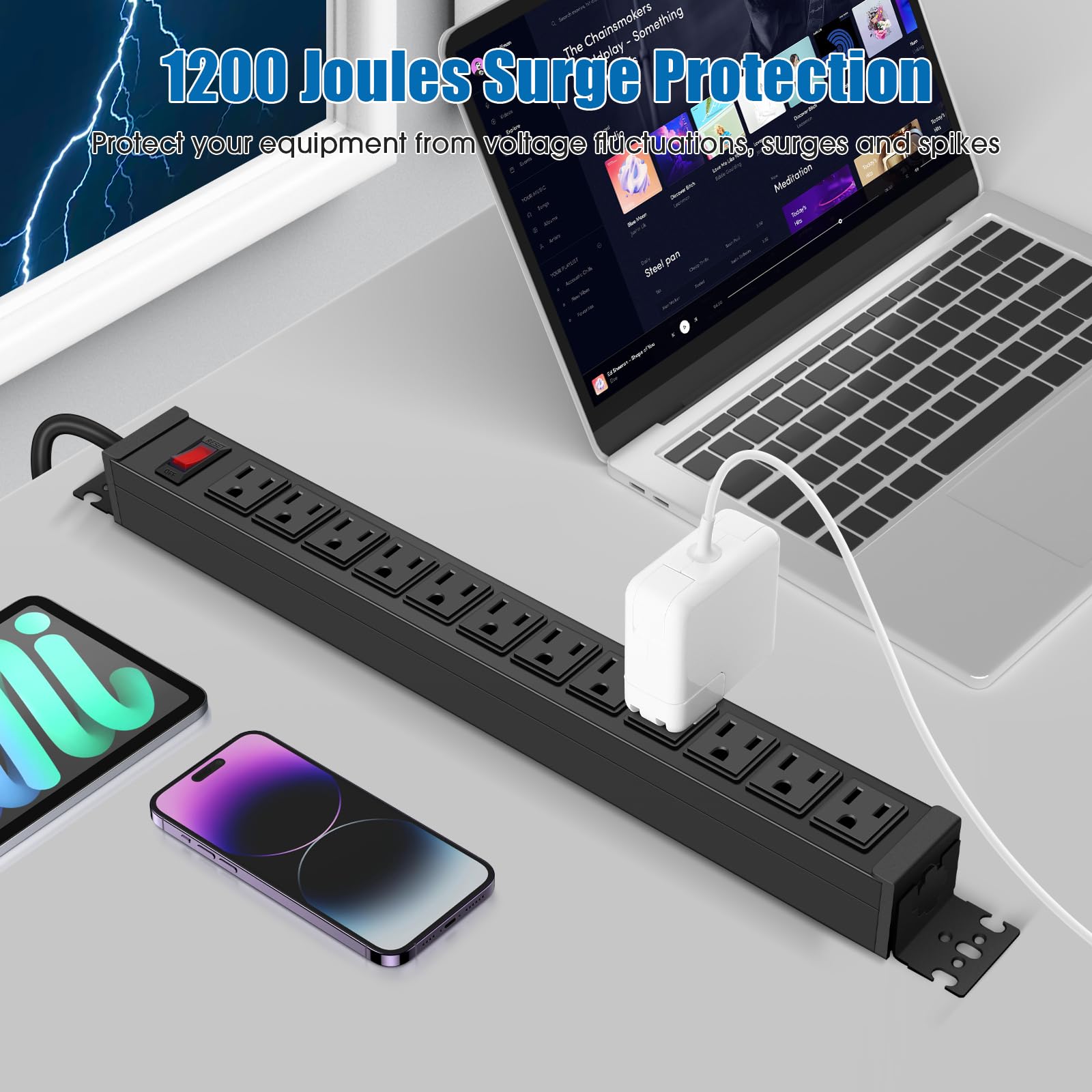 HHSOET Rotating 12 Outlet Surge Protector Power Strip,1200J, 6FT Black,1