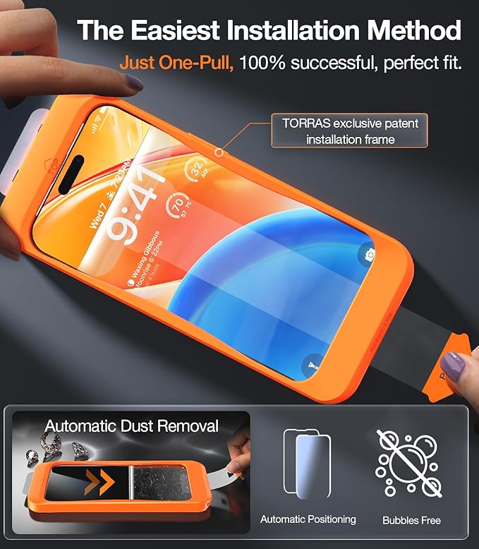 TORRAS 12 FT Military-Grade Shatterproof for iPhone 15 Pro Max Screen Protector [9H+ Aerospace Tempered Glass＆ One-Step Installation] Full Coverage Fit Bubble Free Top-Notch Protection, 2 Pack
