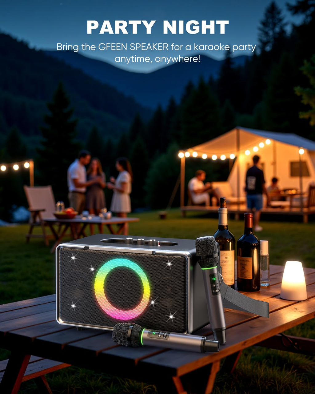 GFEEN Karaoke Machine for Adults, 100W Portable Speaker with Bluetooth and Wireless Microphone, Bass/Treble Adjustment, 6 DJ Lights, USB/AUX for Home Party, Outdoor, Backyard(Silver with 2Mic)
