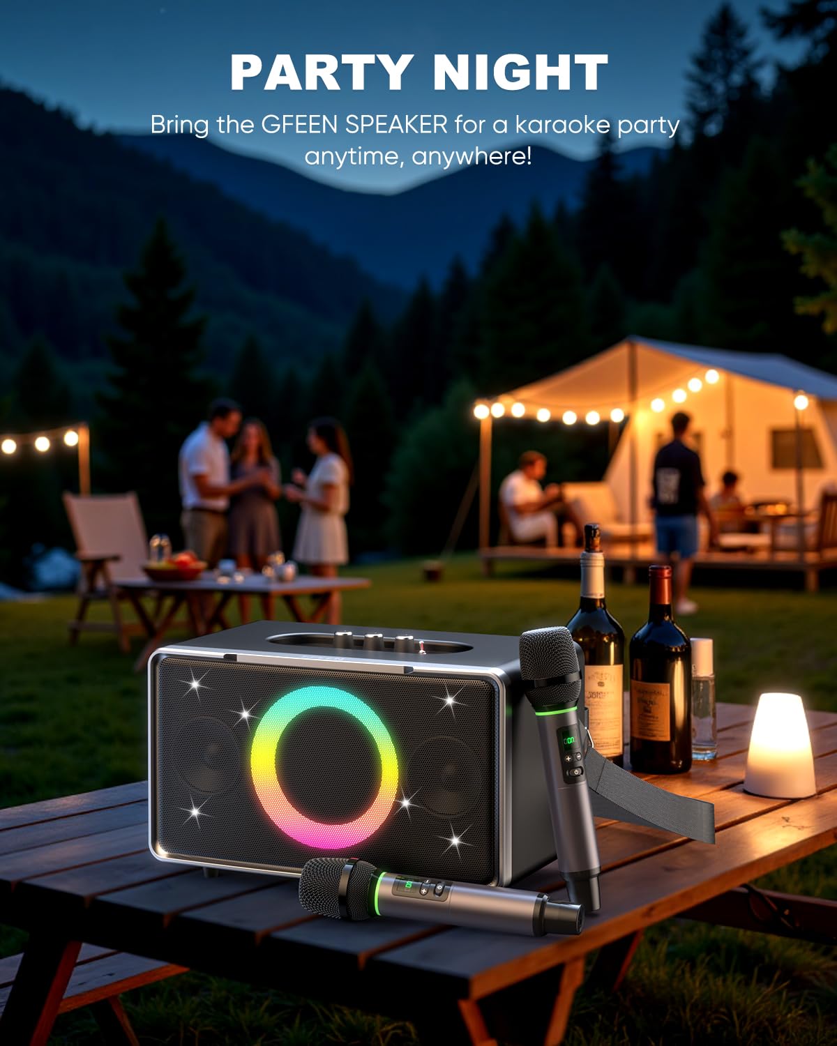 GFEEN Karaoke Machine for Adults, 100W Portable Speaker with Bluetooth and Wireless Microphone, Bass/Treble Adjustment, 6 DJ Lights, USB/AUX for Home Party, Outdoor, Backyard(Silver with 2Mic)
