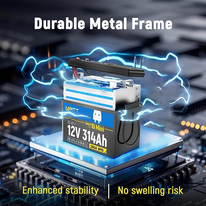 12V 314Ah Mini LiFePO4 Lithium Battery with Bluetooth 5.0, 200A BMS, 4.01kWh Energy, Upgraded Aluminum Cooling Fins & Braided Copper Wires, for RV, Marine, 300ah + LiFePO4 Battery
