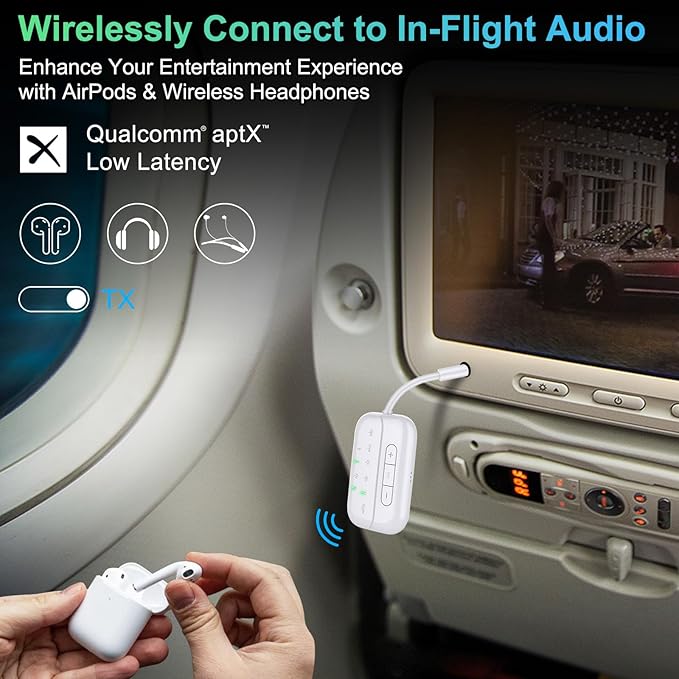 Bluetooth Transmitter Receiver, 2-in-1 V5.3 Wireless Adapter for Airplane, TV, PC, Gym, Switch. Supports up to 2 AirPods/Headphones. Audio Receiver for Car/Home Stereo,with AptX Low Latency & HD