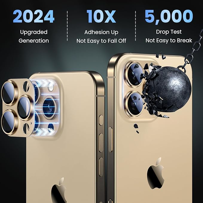 Uyiton Compatible with iPhone 16 Pro/iPhone 16 Pro Max Camera Lens Protector - [Not Easy to Break][Strong Adsorption][Case-Friendly] Metal Tempered Glass Rear Camera Screen Cover - Gold, 2 Pack