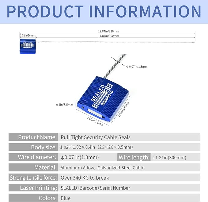 100 Blue Steel Cable Seals with Barcode - High Security Numbered Truck Seals - Anti-Tamper Pull Tite Self-Locking Safety Ties - ISO 17712