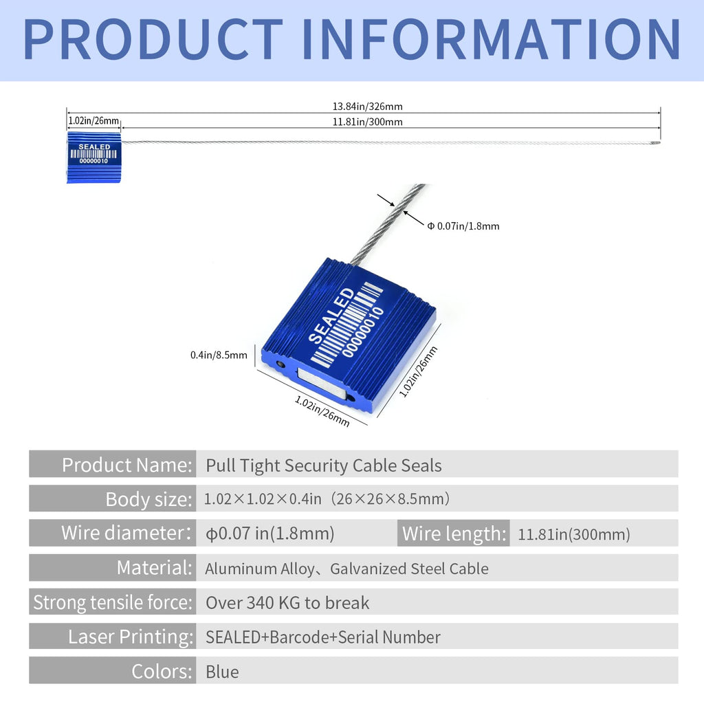 LeadSeals 50 Blue High Security Cable Seals With Barcode - Pull Tight Numbered Steel Anti-Tamper Shipping Self-Locking Tags for Logistics - ISO 17712 Certificated