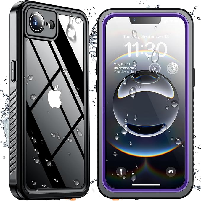 SPIDERCASE for iPhone 16e Case Waterproof,Built-in Screen & Camera Lens Protector[IP68 Underwater] [Military Grade Shockproof] Cell Phone Home Button Stickers, Purple/Clear