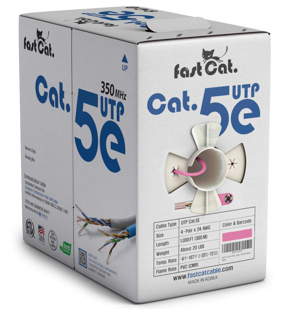 fast Cat. Cat5e Ethernet Cable 1000ft - ETL Listed 24 AWG, CMR, Insulated Bare Copper Wire Cat 5 ethernet Cable with FastReel - 350MHZ / Gigabit Speed UTP Cable Cat5e - CMR (Blue)