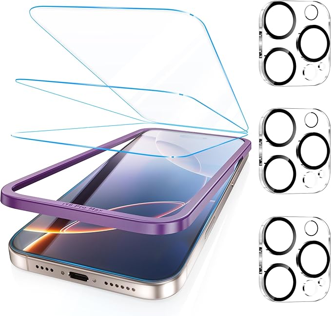 Fotbor [3+3 Pack for iPhone 16 Pro Screen Protector, Anti-Blue Light, [Eye Protection] 9H+ Tempered Glass with Camera Lens Protector Anti-Glare