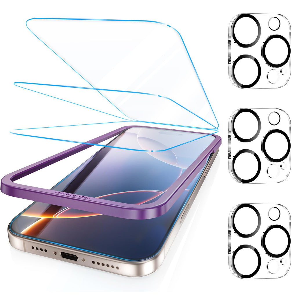 Fotbor [3+3 Pack for iPhone 16 Pro Screen Protector, Anti-Blue Light, [Eye Protection] 9H+ Tempered Glass with Camera Lens Protector