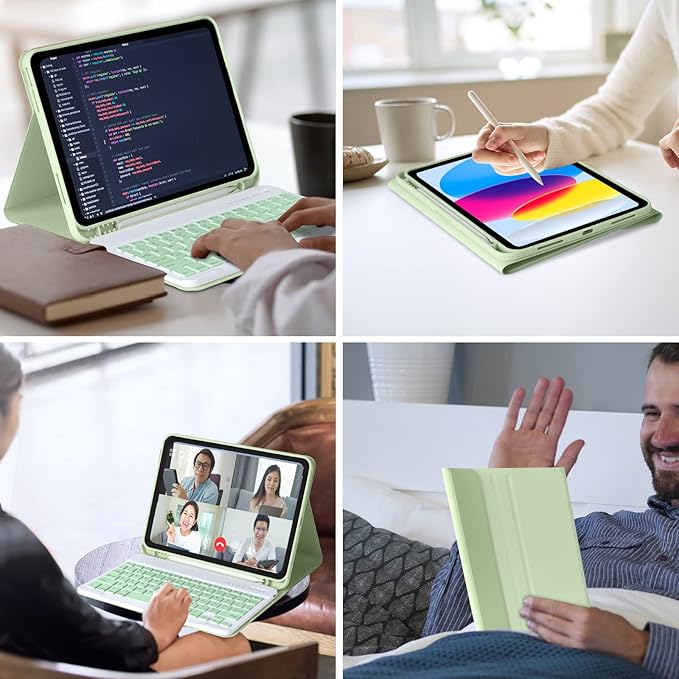 MMK iPad A16 Case (2025, 11"), iPad 10th Generation Case with Keyboard (2022, 10.9"), Wireless Detachable Keyboard, Pencil Holder (Green)