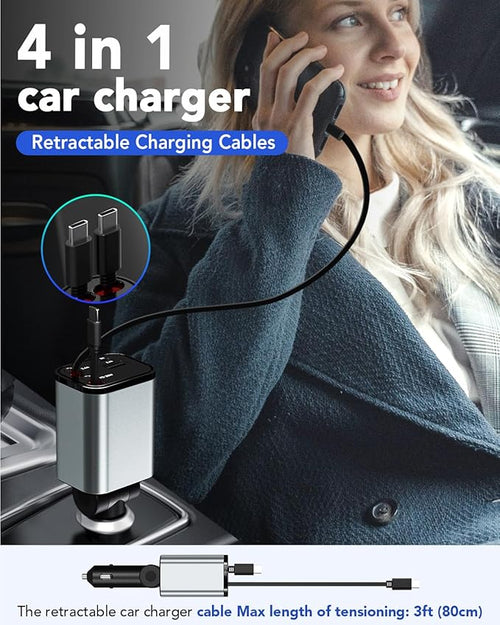 84W Retractable Car Charger,Car Phone Charger USB C Fast Charge for iPhone