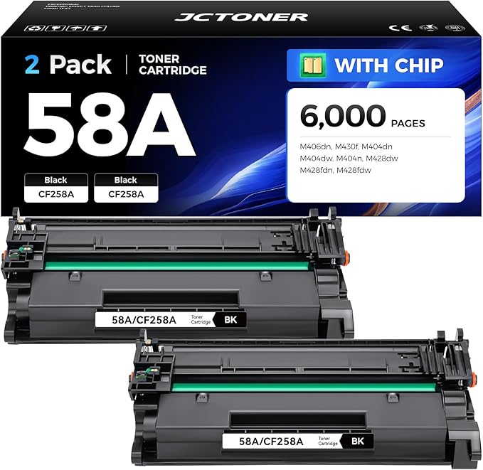 58A Black Toner Cartridge 2-Pack with chip High Yield Replacement for HP 58A CF258A Compatible with HP Laserjet Pro MFP M428dw M428fdn M428fdw M404dn M404dw M404n Enterprise M430f M406dn Printer Ink