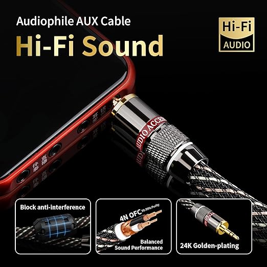 Audiophile HiFi Audio Cable–3.5mm to 3.5mm,6N OFC Core,24K Gold-Plated Plugs,with Nylon Braid,AUX Cable,Compatible with Phone,MP4,Speakers,Amplifiers,TV(1.64ft/0.5m)