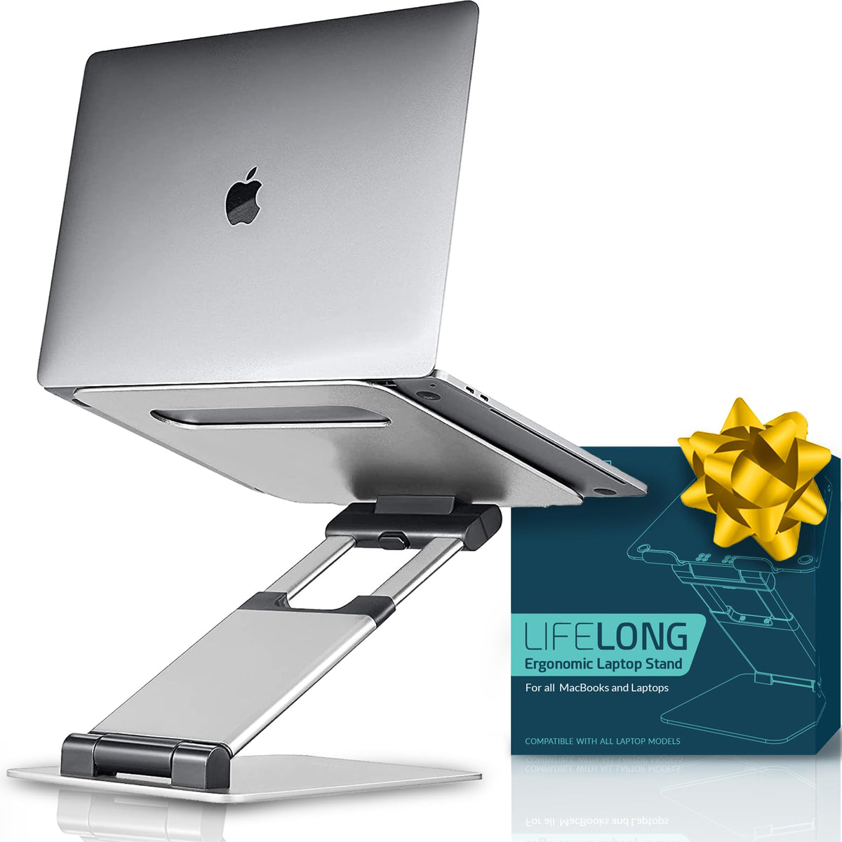 Lifelong 360° Rotating Adjustable Laptop Stand, Foldable Riser, Silver