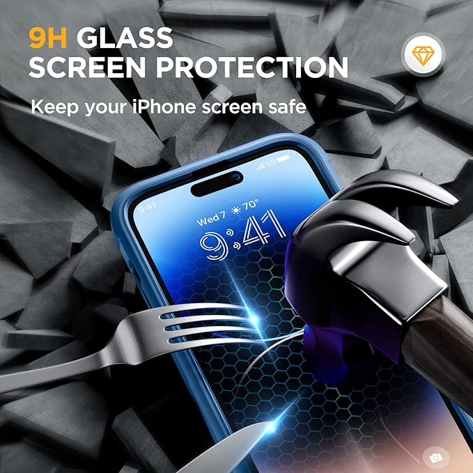 Miracase Glass Series Designed for iPhone 14 Pro Max Case 6.7 Inch, Upgrade Full-Body Bumper Case with Built-in 9H Tempered Glass Screen Protector, with Camera Lens Protector, Capri Blue