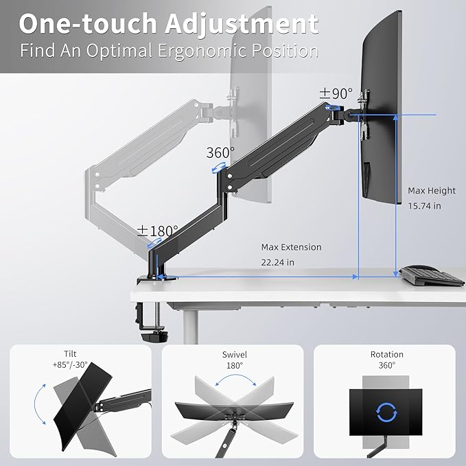 Suptek Single Monitor Mount,Adjustable Gas Spring Monitor Arm Desk Mount Stand Fits 17 20 22 23 24 26 27 32 33 inch,Holds up to 22 lbs, Black(MD18)