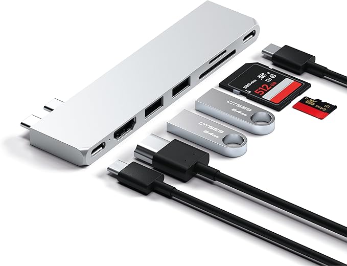 Satechi 7 in 1 USB C Hub Multiport Adapter Pro Slim, USB C Dongle, 100W Charging, 4K HDMI, USB 4, USB 3.2 Gen 2, SD/Micro Card Reader for Mac, MacBook Air/Pro M4/M3/M2/M1 - Silver