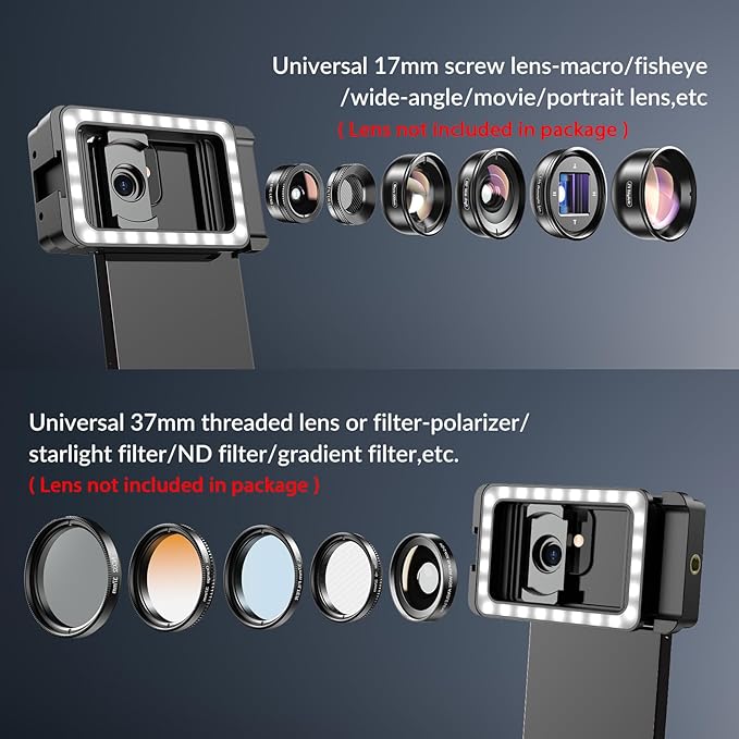 APEXEL 17mm+37mm Thread Adapter with LED Fill Light, One-Piece Phone Adapter for Android/iPhone, Attachments for Macro/Wide Angle/Fisheye/Flow/Radial/Star Filter/Kaleidoscope Lens