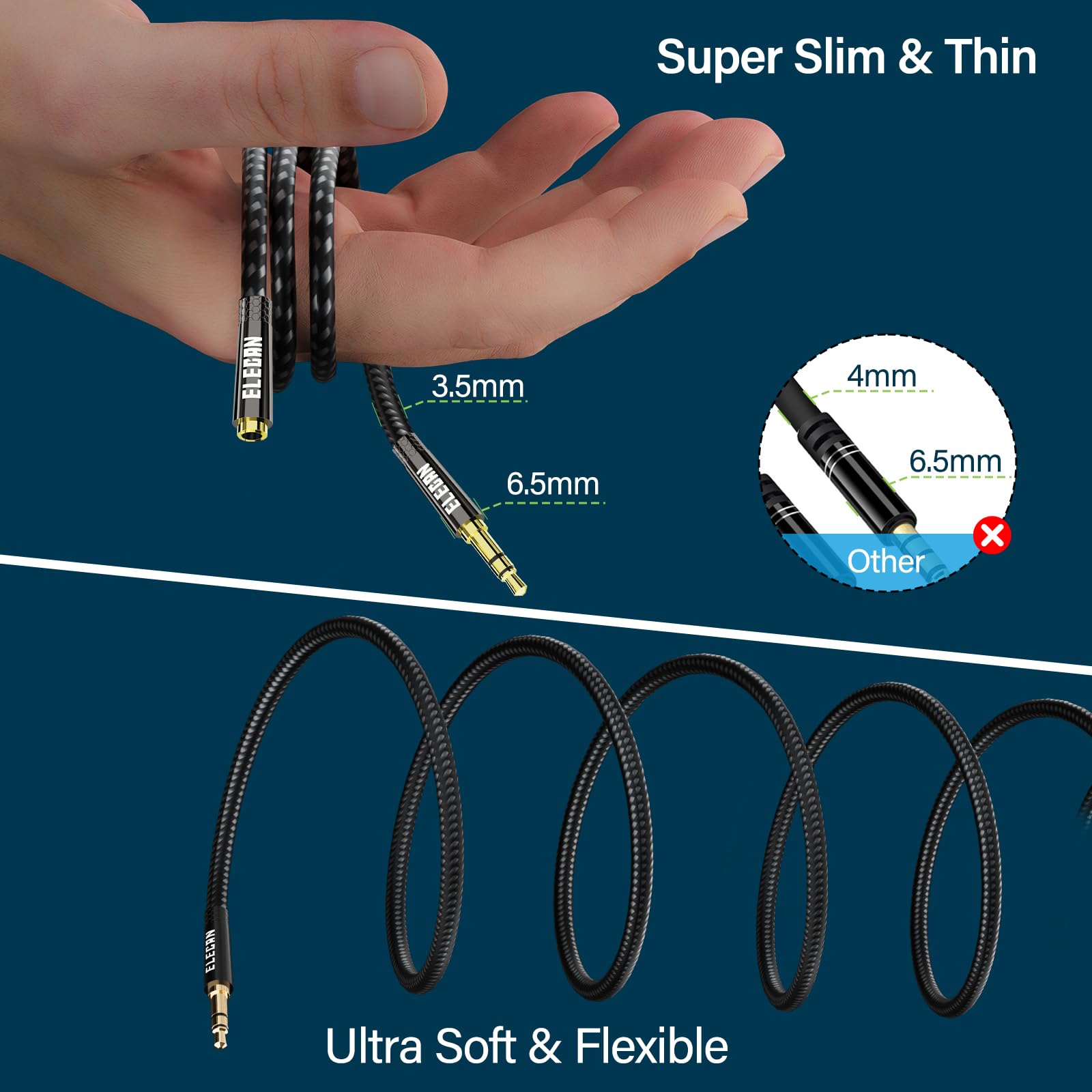 Elecan Headphone Extension Cable 20 Ft, 1/8 Inch 3.5 MM AUX Cord Wire Male to Female, Hi-Fi Sound Thin&Slim Braided TRS Stereo Audio Beats Cable Extender for Car,Home Stereos, Speaker,Phones