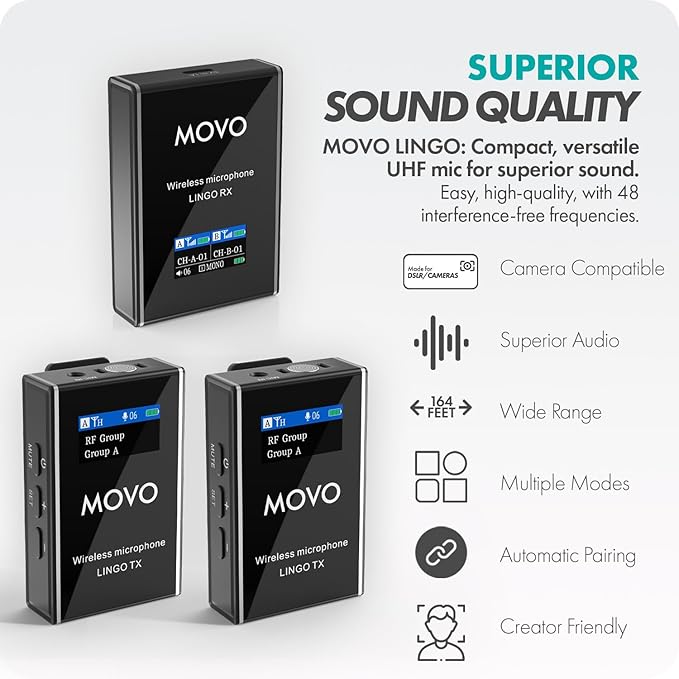 Movo Lingo-Duo 48-Channel UHF Wireless Lavalier Microphone System for Camera - Lav Mic Compatible with Canon, Nikon, and Sony DSLR Cameras - for Filmmaking, Vlogging, Interviews, Content Creation