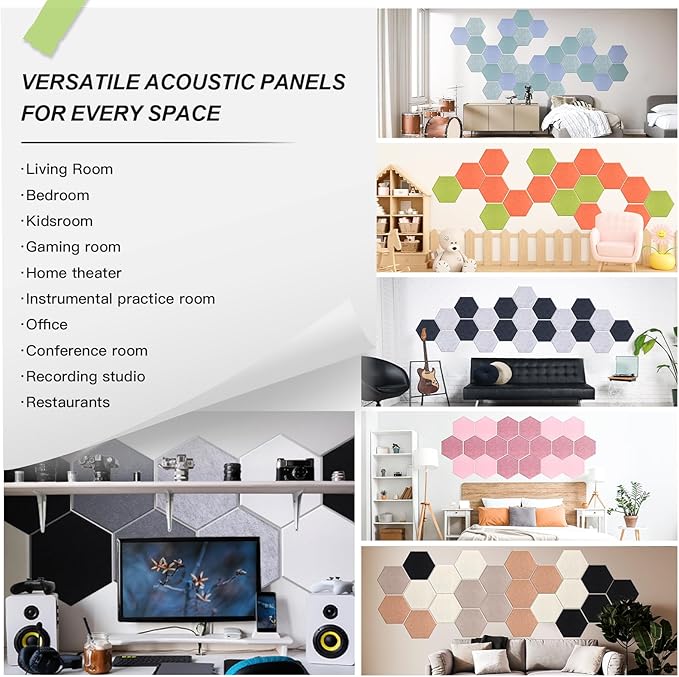 Mollywell Hexagon Acoustic Panels, High Density, Soundproofing, Decorative Noise Reduction Felt Wall Tiles for Ceilings, Home Office & Gaming Room (Ash Gray), 14x12x0.4 Inch