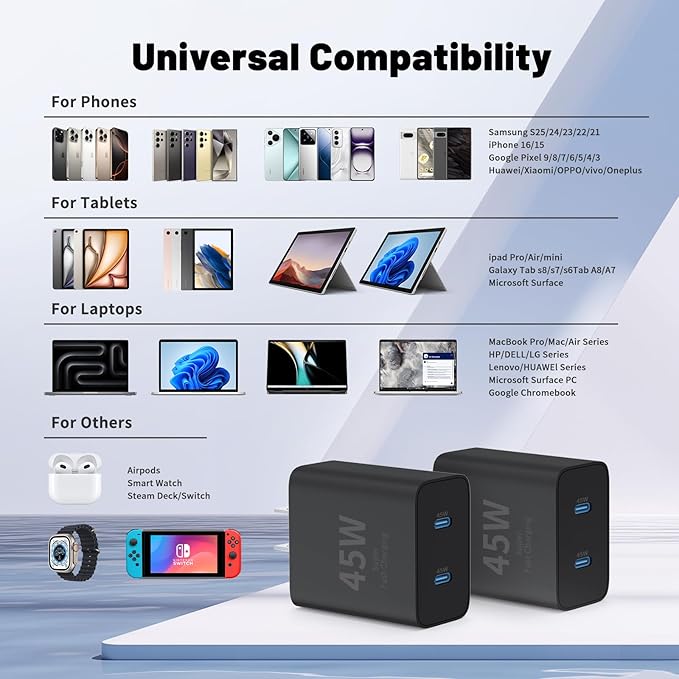 Super Fast Samsung Charger Type C,45W Dual Port USB C Fast Charger Block [2-Pack] & Extra Long 60W 3/6/10/10FT USB C Cable - PD Quick Charging 3.0 For Samsung Galaxy S25 Ultra/S24+/S23 iPhone 16