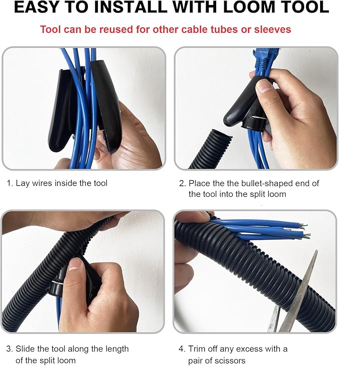 CrocSee 10ft - 1/4 inch Flame Retardant Split Wire Loom Tubing with Installation Tool - Flexible Wire Covers Cord Protectors - Black
