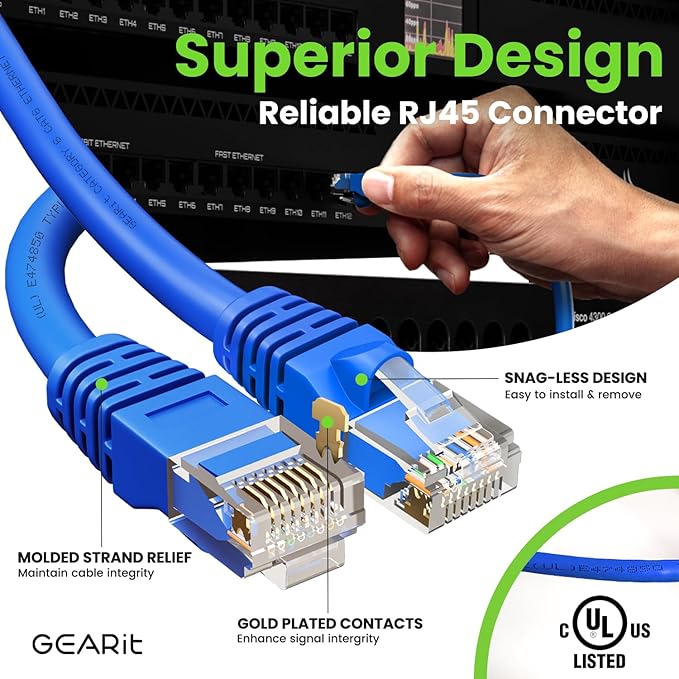 GEARit Cat 6 Ethernet Cable (100-Pack 1.5 Feet) Cat6 Network Patch, 10Gbps, RJ45, Snagless Cord, Gold-Plated Connectors, Internet for PC, TV, Tablet, Router, Printer, Servers, IT Data Center - Blue