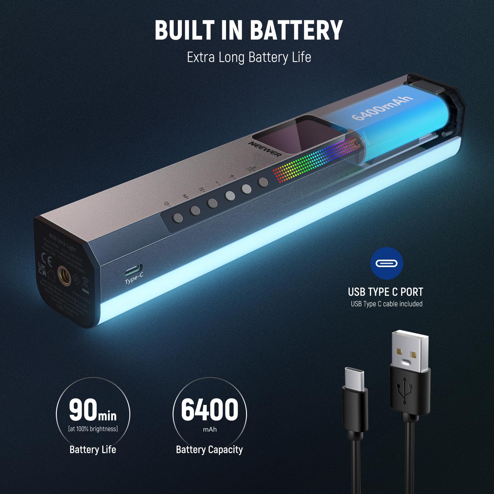NEEWER RGB1 LED Tube Light Stick with Metal Barndoor, Handle, Touch Bar/APP Control, Magnetic Handheld RGB Video Light, 3200K-5600K CRI98+ Dimmable Photography Lighting with 6400mAh Battery, 17 Scenes