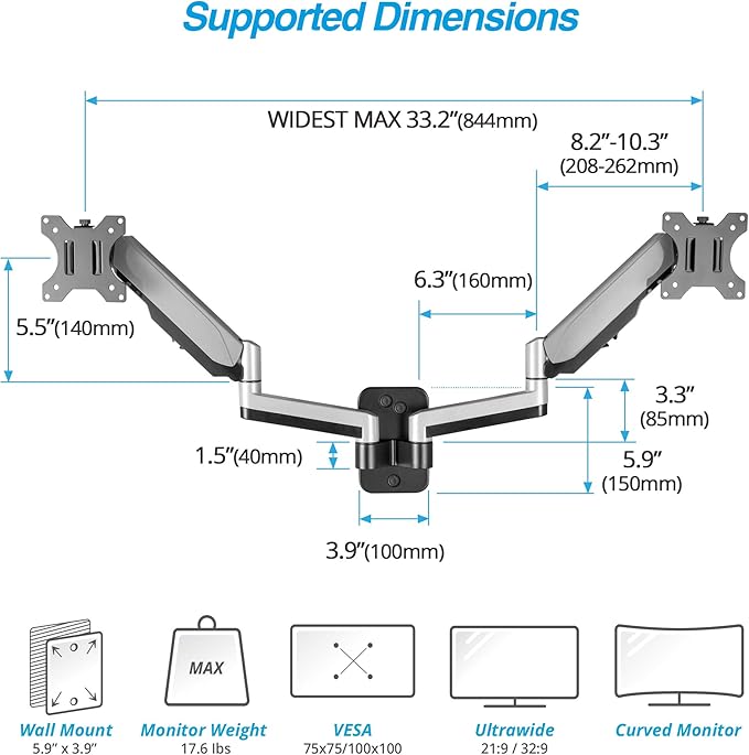 AVLT Dual Monitor Arm Wall Mount for 13-32" Screens, Full Motion - Silver