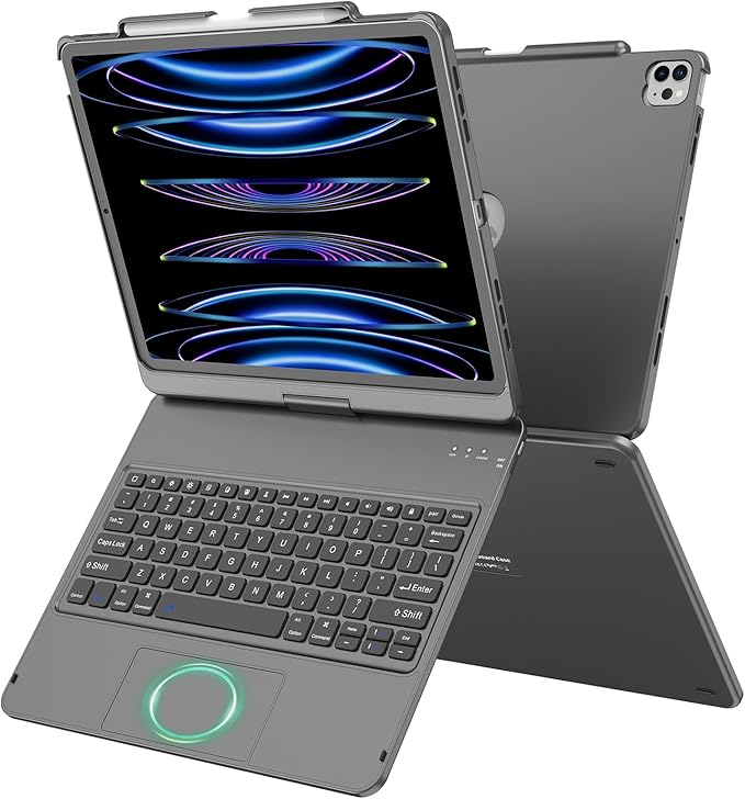 GGH Touch for iPad Keyboard Case Air 13 (M3 2025 / M2 2024) &12.9 iPad Pro (6th,5th,4th, 3rd Gen),360° Rotatable Protective Cover Multi-Touch Trackpad Keyboard Case with Pencil Holder - Grey