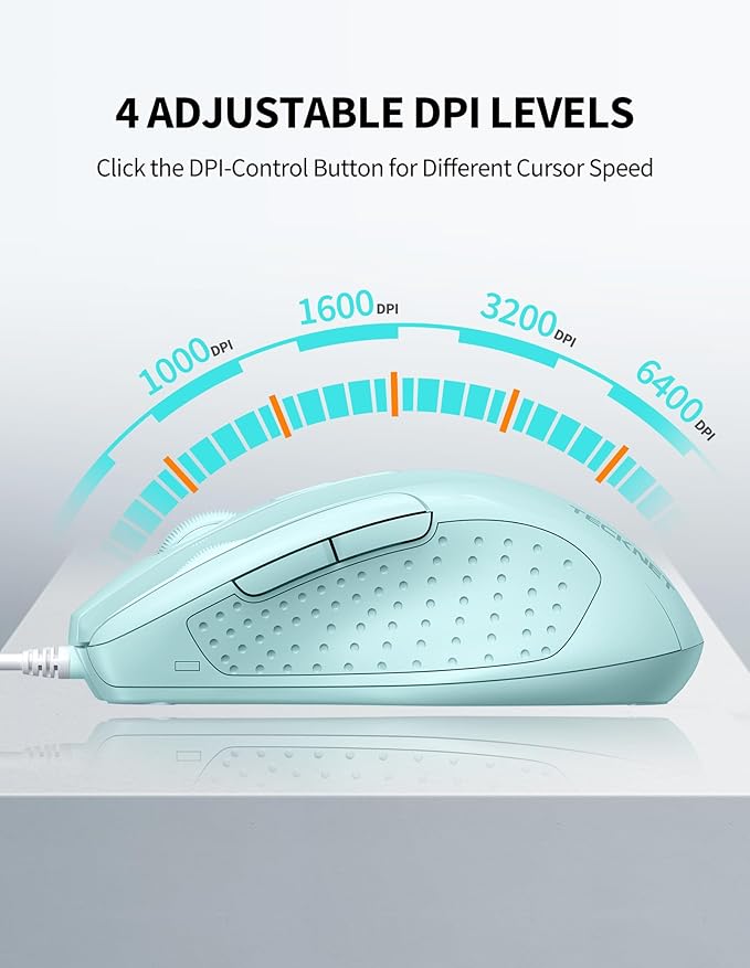 TECKNET Wired Mouse, 6-Button Corded with 4 Adjustable DPI, Ergonomic Optical Mouse, 5FT Cord for Laptop, Chromebook, PC, Desktop, Mac, Notebook - LT.Green