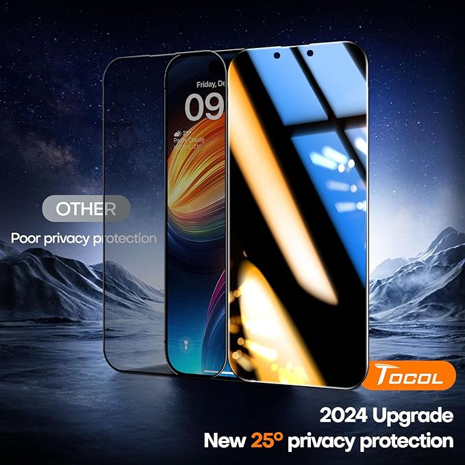 TOCOL for iPhone 13 Pro Max / 14 Plus Privacy Screen Protector True 25°Anti Spy 9H+ Hardness Tempered Glass Full Coverage Screen Protector Easy Installation 2 Pack