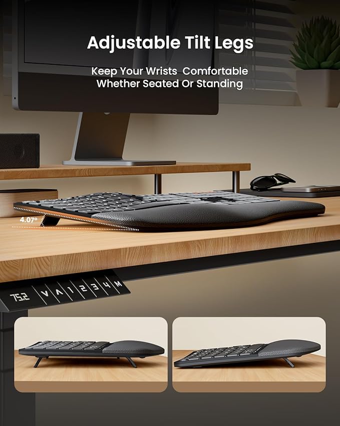 ProtoArc Ergonomic Wireless Keyboard Mouse, EKM01 Plus Full Size Ergo Bluetooth Keyboard Mouse Combo, Split Design, Wrist Rest, Multi-Device, Rechargeable, for Windows/Mac OS - Black