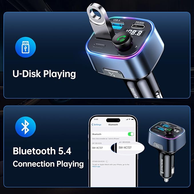 Syncwire Bluetooth 5.3 FM Transmitter Car Adapter 48W(PD 36W & 12W) [Light Switch] [Hi-Fi Deep Bass] [Fast Charging] Wireless Radio Music Adapter LED Display Hands-Free Calling Support USB Drive