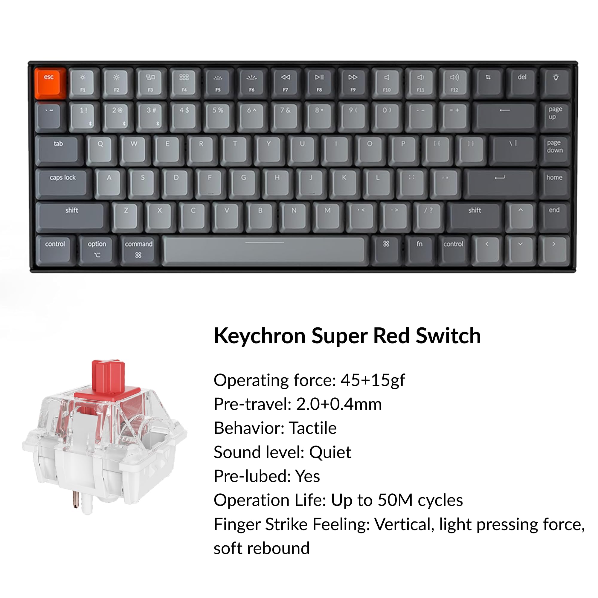 Keychron K2 75% Layout Bluetooth Mechanical Keyboard Super Red Switch/White LED Backlit/Anti Ghosting/N-Key Rollover/84 Key USB C Wired Computer Keyboard for Mac Windows-Version 2
